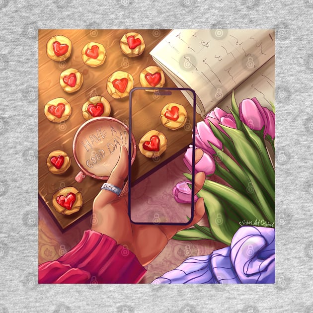 Have a good day. Illustration with tulips and cookies with hearts. by Elishas art original 